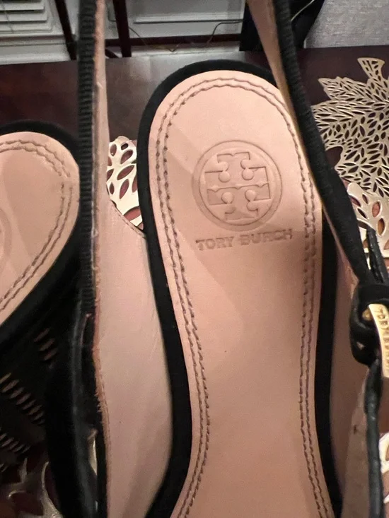 Tory Burch Black Suede Peep-Toe Platform Wedges with Gold Buckle - Picture 2 of 7